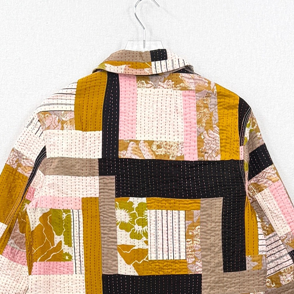 Ssōne Kantha Jacket Women 14 Yellow Cream Boho Quilted Patchwork Chore Button Up - Picture 6 of 13